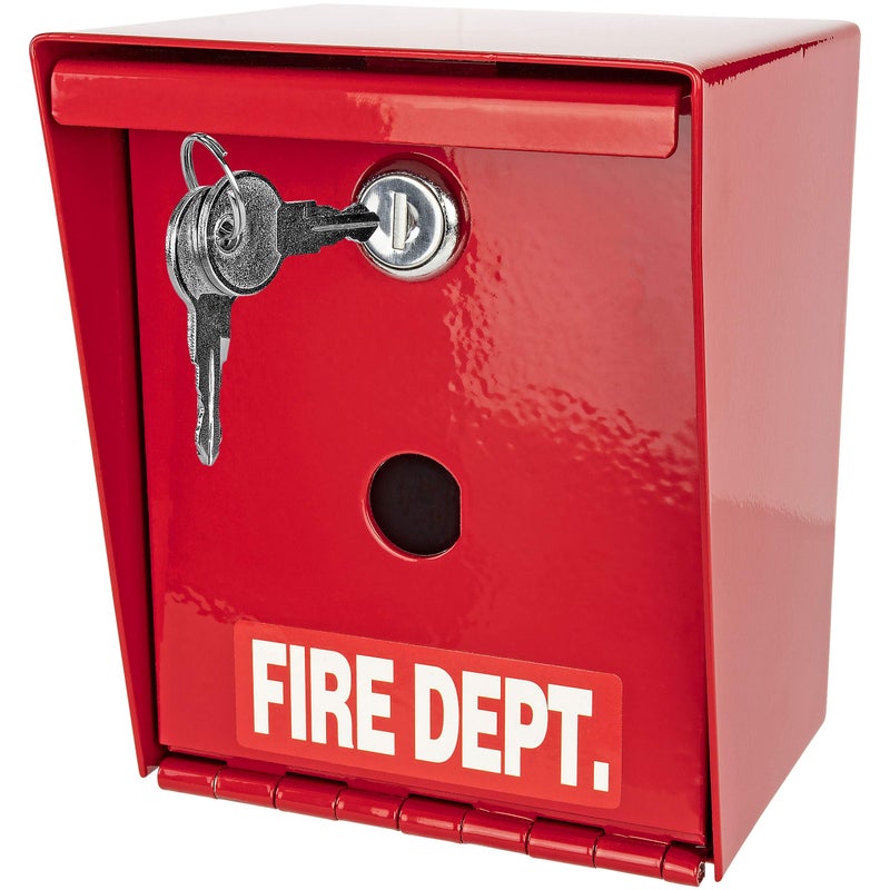 Fairly Odd Treasures Fire Department Lock Box â€“ Red Wall-Mounted Steel Emergency Key Box with 2 Keys, Fire Safe Access Box for Home, Office & First Responders, 4.5" x 4.55" x 5.65" - Image 1
